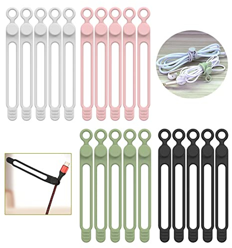 [20Park]UMUST Silicone Cable Ties,Reusable Cable Management Organizer, Multipurpose Elastic Cord Organizer for Bundling and Fastening Cable Cords Wires(black,white,pink,green)