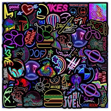 50 Pack Stickers for Children - Neon Stickers Cool Graffiti Aesthetic Scrapbooking Vintage Waterproof Reusable for Kids Teens- Personalised Vinyl DIY for Skate, Bottle, Laptop, Bike, Suitcase, Books