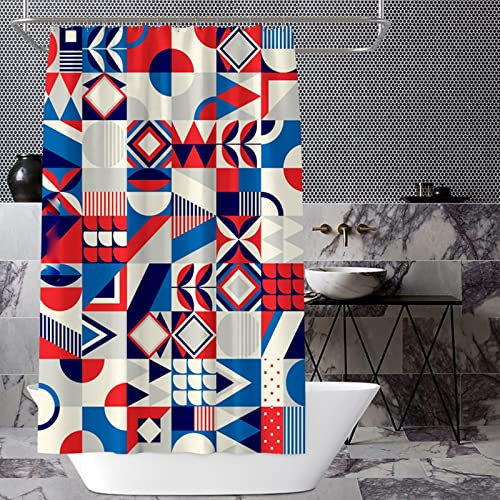 Duschvorhang Stoff Waschbar, Shower Curtains Anti Mould Minimalistische Geometrische Abstraktion Blau Rot Grau Polyester 240X200cm