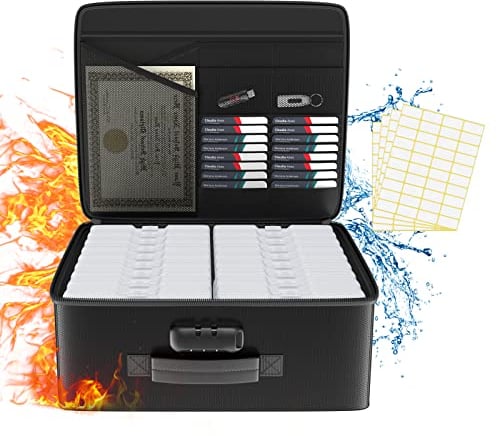Tamfile Fireproof Photo Storage Box 4 x 6 with 18 Inner Clear Photo Case, Plastic Photo Organiser with Lock for Pictures, Cards, Crafts, Seed, Stamps and Office Supplies with 4 Sheet Label Stickers