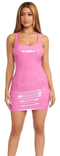 THSCWY Mini robe moulante en similicuir et latex pour femme avec col rond et col rond, rose, L