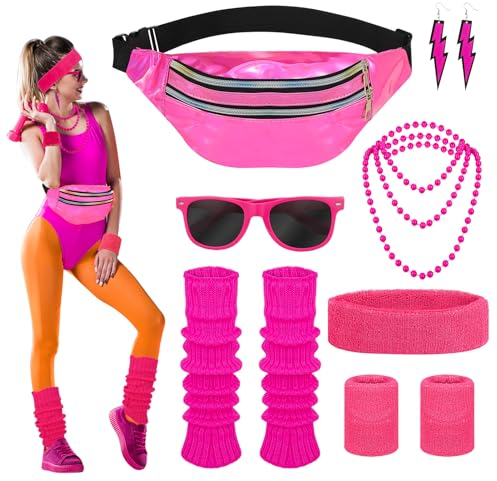 Halinuia 80er Jahre Outfit Damen Rosa Set Enthalten Ohrring Halskette Bauchtasche Stirnband Armband Sonnenbrille Beinlinge 80er Jahre Kleidung Kostüm Neon Accessoires für Karneval Thema Party