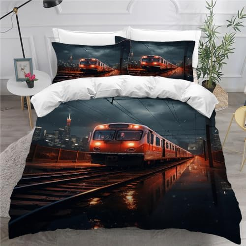 ARiXIaNg Kinder Bettwäsche Zug Eisenbahn 155x220 cm Erwachsene Bettbezüge 3teilig mit Reißverschluss und 2 Kissenbezüge Retro-Dampfwagen Bettwaren Kuschelig Mikrofaser Bettwäsche-Set