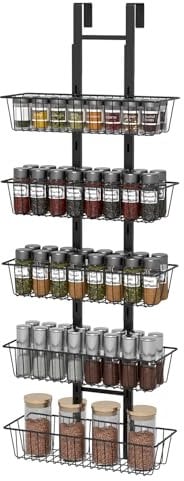 TOPWE Over Door Storage, 5 Tier Pantry Storage Organizer with Adjustable Basket, Foldable Back Door Metal Pantry Organizers and Storage for Kitchen Bathroom, 35x15x124.5cm, Black
