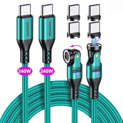 VAFOTON 240W Cable de Carga Magnético USB C (2Paquetes, 1,8m/1,8m), 240W (48V/5A) Cable Magnético de Carga Rápida PD de 9Pin USB C a Tipo C para Tableta/Portátil/MaBook(Verde)