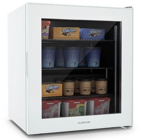 Klarstein IceAge 88 Mini Congélateur, 88L, Température 0 à -18°C, Éclairage LED, 3 Étagères, Énergie Classe E, Compact & Économique, Petit Congélateur Design Verre, Congélateur Petite Taille, Blanc
