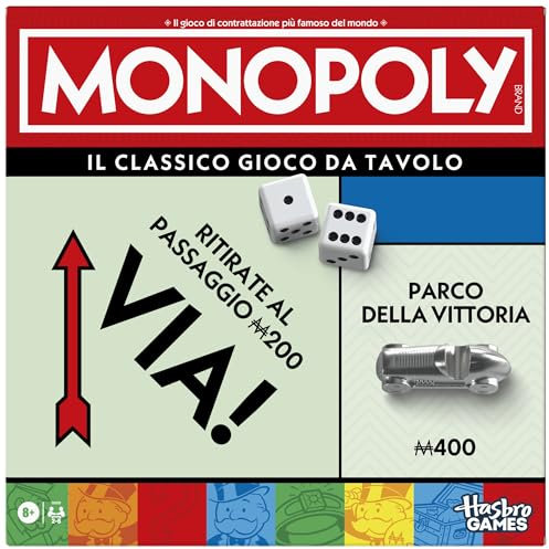 Hasbro Gaming, Monopoly, Brettspiel, ideal für Familie und Freunde, für Kinder und Mädchen ab 8 Jahren, inklusive Behälter und größere Spielsteine, für 2-6 Spieler, auf Italienisch