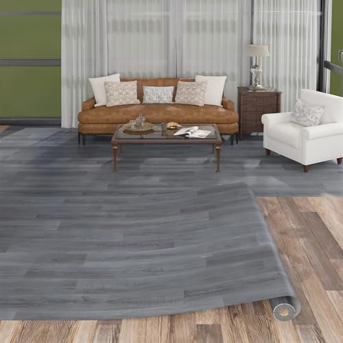 Vinylboden in Holzoptik – PVC Bodenbelag Rolle, Bodenfliesen mit Klebeband, Wiederverwendbar, Wasserfest, Ohne Kleber Fliesenoptik Bodenmatte für Wohnbereich, Kellergeschoss 100x500cm Grau
