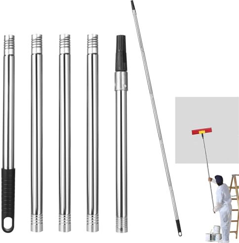 Barre d'extension télescopique en acier inoxydable 5 pièces avec adaptateur conique pour outils de nettoyage de rouleau de peinture, 40 cm à 180 cm