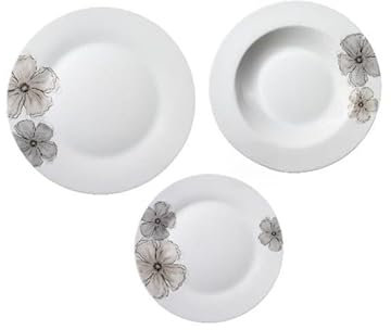 Servizio Piatti 18 Pz Tondi con Decoro Gris in Porcellana, Elegante e Moderno, Composto da Piatti Fondi, Piani e Dessert, Set Completo per Tavola