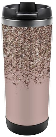 JZemdybill 13oz/380ml Stainless Steel Insulated Travel Coffee Cup, Blush Pink Rose Gold Glitter Travel Mug with Leakproof Lid, Non-Slip Bottom