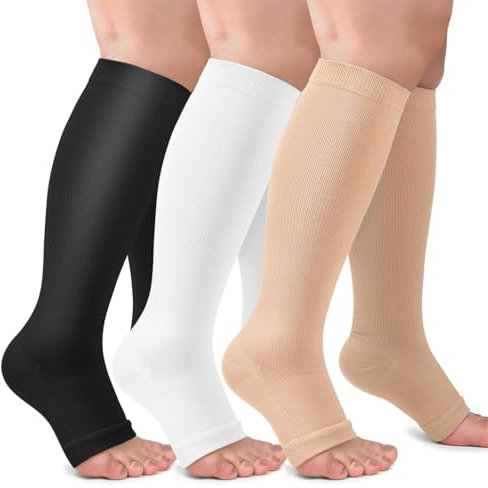3 Paar Kompressionsstrümpfe Damen und Herren,Kompressionssocken Offene Spitze Abgestufte Unterstützung Stützstrümpfe kniestrümpfe für Flug,Laufen, Sport, Reise Sommer(Schwarz/Weiß/Hautfarbe,3XL)