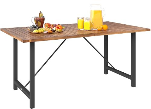 Outsunny Gartentisch aus Akazienholz und Stahl, rechteckiger Gartentisch mit Lattenrost, Balkontisch für Terrasse, Innenhof und Außenbereich, 160x90x75 cm, Teak