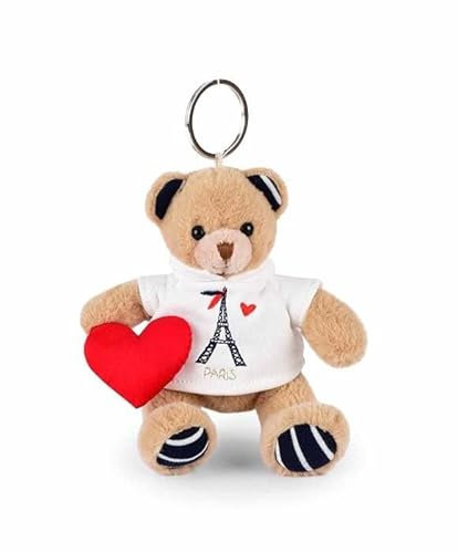 DOUDOU ET COMPAGNIE - Porte-Clés Peluche Ours Paris avec T-Shirt Tour Eiffel & Petit Cœur - 14cm - Mini Peluche à Attacher sur Sac ou Clés - Idée Cadeau Souvenir Paris Enfants & Adultes - SP4283