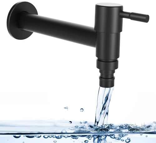 Wasserhahn Kaltwasser Edelstahl Schwarz Wandmontage – Kaltwasserhahn Wandmontiert, G1/2 Armatur, Mattschwarz, für Badezimmer, Küche, Balkon, Waschmaschine, Garten (long)
