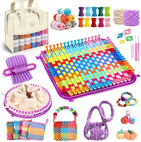 633Pcs Weaving Loom Kit with Pompom Maker, Storage Bag & Crochet Hooks | Includes Storage Bag, Binding Needles, Colored Craft Rings, Yarn and Crochet Hooks, Knitting Loom Kits for Beginner
