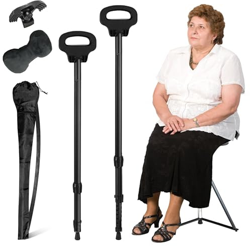 Walking Cane with Seat, Cane Chair with Cushion Capacity 330lbs Folding Lightweight Portable Seat for Adults Seniors Camping Hiking Travelling