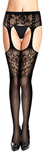 PrettyLoveHose Collant Bas Résille Noir Porte Jarretelle Motif Floral Croisillons
