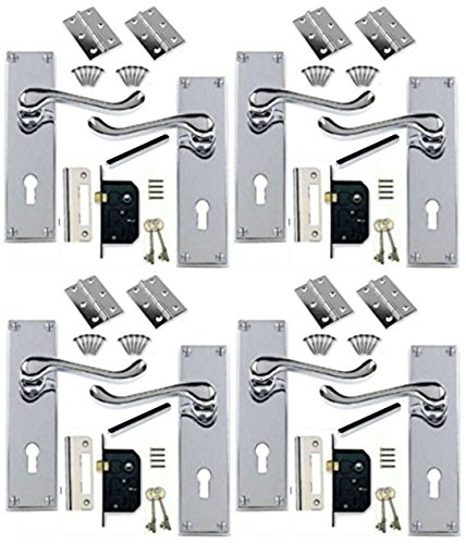 Discount Hardware UK Door Handles Internal Sets - 4 Sets of Victorian Scroll Polished Chrome Door Handle with Door Lock Pack +2 Lever Lock + Hinges (KA) Door Handle Set (4)