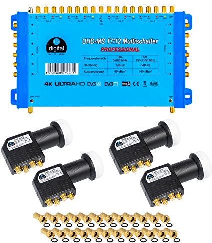 HB-Digital Set: Quattro LNB Schwarz (Test: SEHR GUT) + Multischalter pmse 17/12 bis zu 4х Satellit und bis zu 12x Teilnehmer/Receiver für HDTV 3D 4K UHD mit Netzteil + 45 Vergoldete F-Stecker