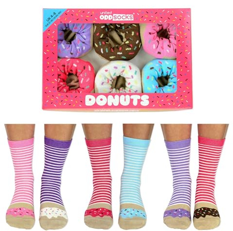 Donuts - United Oddsocks Ladies Odd Socks - Multicoloured - 4-8 uk | Silly Novelty Socks, Colourful Mismatched Odd Socks, Birthday Gift for Women, Quirky and Unusual Gift for Her