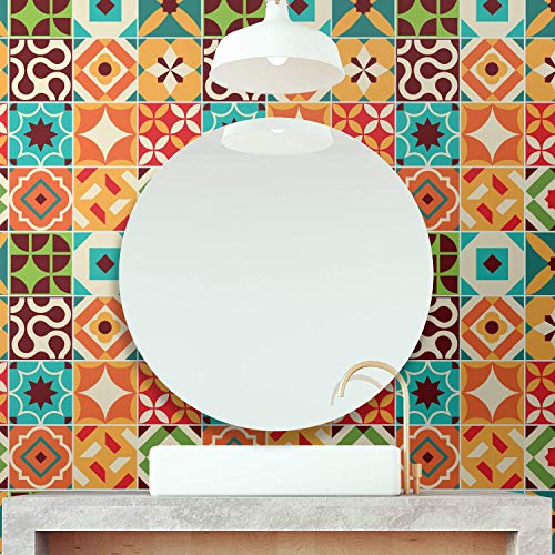 WALPLUS Ziggy Colourful Retro Tile Stickers 15 x 15 cm, 24 PCS Peel and Stick Self Adhesive Wall Tiles, Waterproof Kitchen Bathroom Splashback Decals