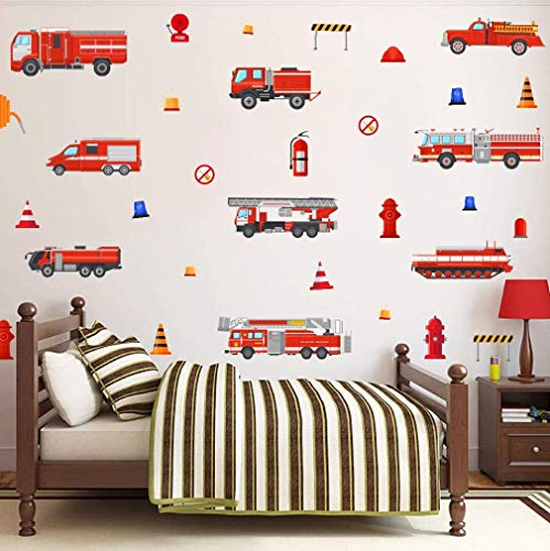 KAIRNE 32 Pcs Wandtattoo Kinderzimmer Junge,Feuerwehr Wandtattoo,Transporte Wandaufkleber für Jungenzimmer Mädchen Schlafzimmer,DIY Cartoon Auto Wandsticker Wandbild für Babyzimmer Wanddeko Geschenk