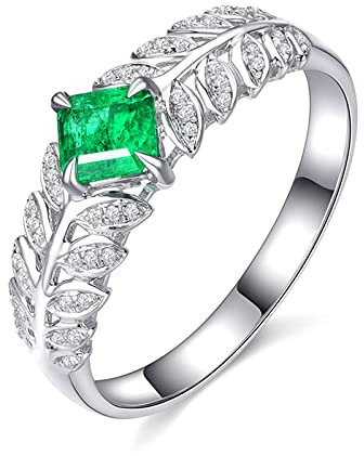 KnSam Damen Ring, Verlobungsring Frau Ringe Gold Echt Blatt 18 K 750 Weißgold Hochzeitringe Für Damen Mit Smaragd Silber Gr. 47 (15.0)