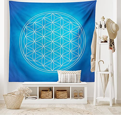 ABAKUHAUS Blau Wandteppich und Tagesdecke, Flower of Life Grid aus Weiches Mikrofaser Stoff Waschbar ohne Verblassen Digitaldruck, 230 x 140 cm, Blau Türkis