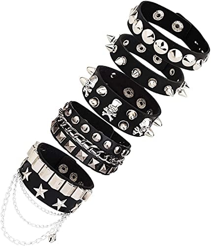 LOLIAS 3-5 Pezzi PU Catena Nera Bracciale in Pelle Punk Spike Borchie Punk Bangle Rock Bracciale Set per Uomo Donna Bracciale Appuntito Regolabile Regalo di Halloween