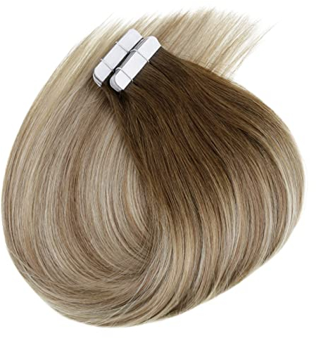 (Guten Valentinstag Geschenk)Tape Echthaar Extensions 45cm Echthaar Tape Extensions Balayage Tape Extensions Echthaar Ombre Dunkelbraun to Ashbraun und Hellblond 50g #3/8/22
