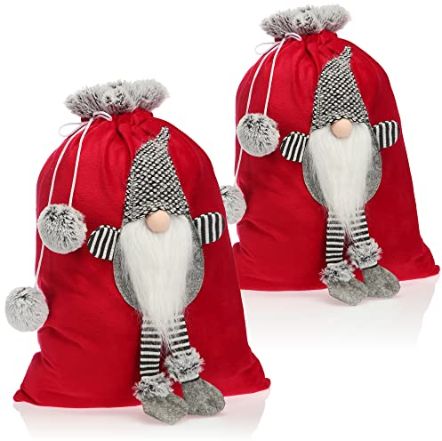 COM-FOUR® 2x Premium Weihnachtssack - roter Geschenkesack zum Befüllen - Weihnachtsbeutel mit Bommeln & Wichtel als Dekoration und tolle Geschenkverpackung