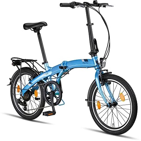 PACTO Three Klapprad 20 Zoll mit Schnelles Faltsystem (10 Sek), Aluminiumrahmen, Leichtgewicht (14KG), Shimano 6 Gänge, V-Bremsen und LED-Licht (Blau)