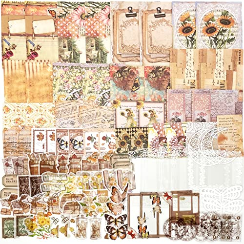 100PCS Scrapbooking Sticker Set Schmetterling Vintage Dekorative Aufkleber Scrapbooking Bastelpapier Zubehör Transparent Blätter Blumen Pflanzen Natur Washi Sticker für Journaling Notizbuch Tagebuch