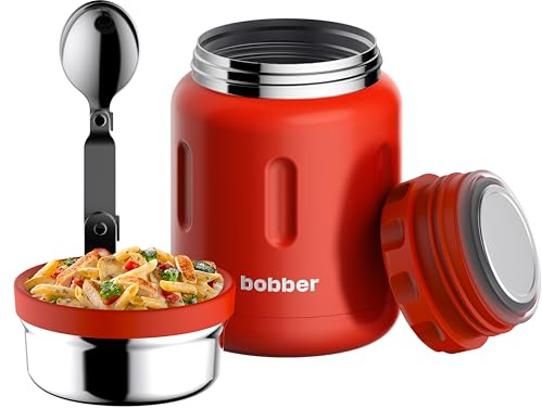 BOBBER 24 oz Insulated Stainless Steel Food Thermo Jar for Hot Food, Extra-Wide Mouth Lunch Container for Adults with Spoon and Bowl, Dishwasher Safe - Keeps Meals Hot for 14 Hours (Red)