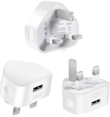 3 Pack White USB Plugs for iPhone & Other Mobiles - Compatible with Samsung & iPads - 3 Pin USB Adapter Plugs - UK Mains Chargers