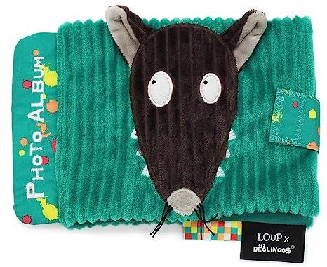 Les Déglingos 31832 Fotoalbum Loup x, 10 Hüllen, Füllung aus Recyceltem Polyester, Grün, 20cm Länge, 23cm Breite, 2cm Höhe