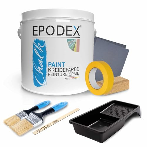 EPODEX CHALK PAINT mit Zubehör | Kreidefarbe für Möbel & Holz | Möbelfarbe | Matt, Lösemittelfrei & Hohe Deckkraft | Möbellack für Holz, Beton, Kunststoff, Glas | Innen & Außen | 1.1kg (7m²)