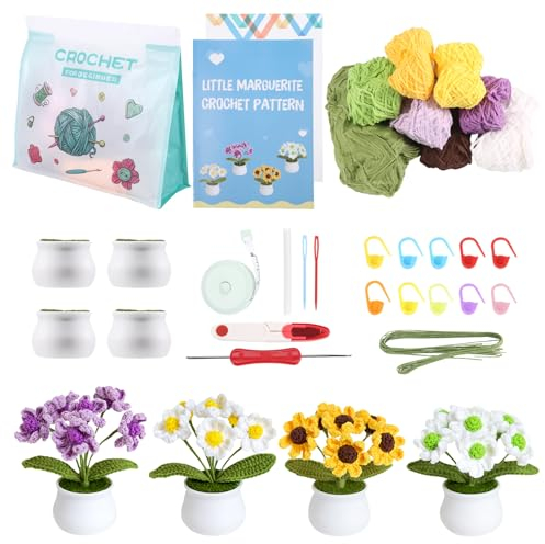 Povxlum Häkelset für Anfänger, Häkelset mit Anleitung Blumen, Blumen-Häkelpakete, DIY Häkel Strickset, Stricksets für Erwachsene und Kinder mit Anleitung und Video-Tutorials, Flower Crochet Kits