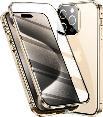 LIUKM Hülle für iPhone 15 Pro Max Magnetische Adsorption Handyhülle 360 Grad Stoßschutz Vorne hinten Gehärtetes Glas Schutzhülle Metallrahmen Case - Gold