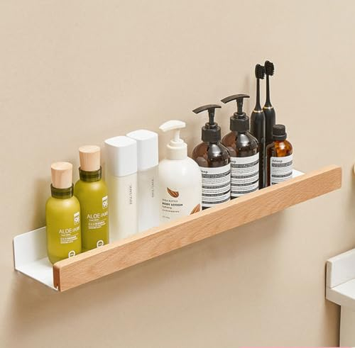 An der Wand montiert Schwimmend Metallregal Ledge,Weiß Badezimmer Regal Wandhalterung Regal dekorieren mit Massivholz Kanten Platzeinsparung Rostfest Extra stark Schwebende Regale Lagerregal(60CM)