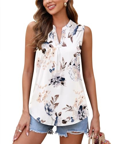 WNEEDU Women's Vests Ladies Summer Boho Camisole Tops for Women V Neck Tank Tops Sleeveless Shirt Casual Dressy Vest Tops(Floral White,XL)
