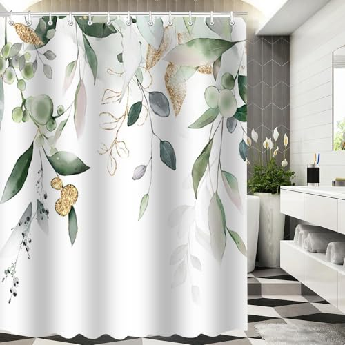 Lerores Duschvorhang 180x200cm Goldene Blätter, Beschwerter Saum Antischimmel Textil, Wasserabweisend, Waschbar Polyester Badevorhänge mit 12 Ösen und Duschvorhangringe für Badezimmer, Badewanne