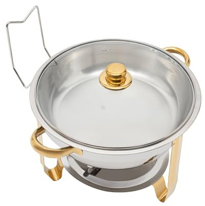 KEESUNG Professional Speisenwärmer mit Glasdeckel, Rund Edelstahl Warmhaltebehälter Speisenwärmer Chafing Dishes für Buffet Catering, Buffet und Party (5L Gold)