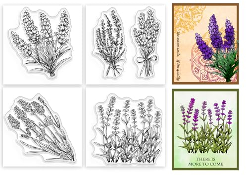 GLOBLELAND 4 Stück Mini-Lavendel-Stempel Für DIY Scrapbooking, Lavendelblumen, Silikon-Stempelsiegel, Transparente Stempel Für Karten, Fotoalbum, Tagebuch, Dekoration, 2.2x2.2,(1) cm
