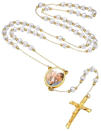 Supcare Herren Ketten Gebetskette mit Foto Text Rosenkranz Katholische Halskette 6mm Weiß Diamant Fotokette Gravur Jesus Kreuzkette Kruzifix Ovalanhänger Personalisiert Modeschmuck für Jungen