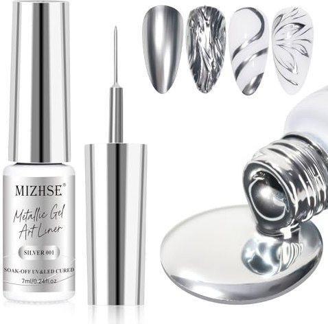 MIZHSE Silber Nagellack, Gel Liner Nail Art, Silver Metallic Painting Gel, 3D Metal Glossy Drawing UV Nagellack 7ML für Painting Nail Design Soak Off Manicure Nail Art 1PC