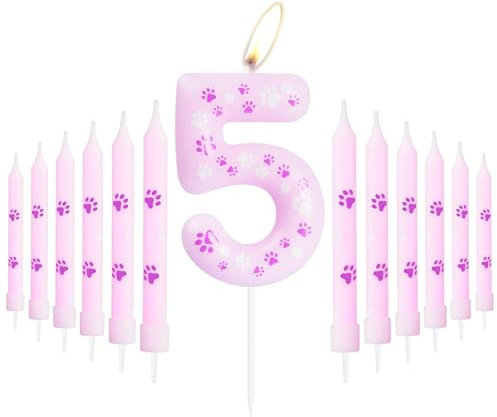 Pink Dog Paw 5th Birthday Candles, Birthday Number 5 Candles for Cake, Pink 5th Birthday Cake Decorations, Pink Cake Topper, Pink Dog Paw Theme for Boys Girls Pet Birthday Party Decorations Supplies