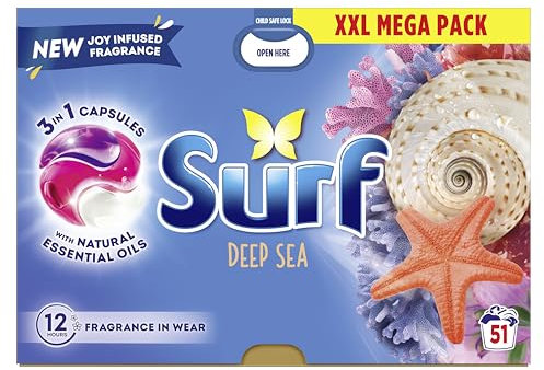 Surf 3 in 1 Deep Sea Laundry Washing Detergent Capsules joy-infused fragrance with natural essential oils lasting up to 12 hours in wear for brilliantly clean results 153 washes (1 x 51 capsules)