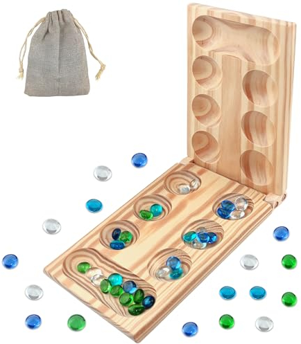 Mancala Brettspiel - Steinchenspiel - Kalaha - Strategiespiel Verdicktes Naturholz + Schöne Bunte Steine + Aufbewahrungsbeutel Intelligenzspiel Geeignet für Freunde Familie und Kinder